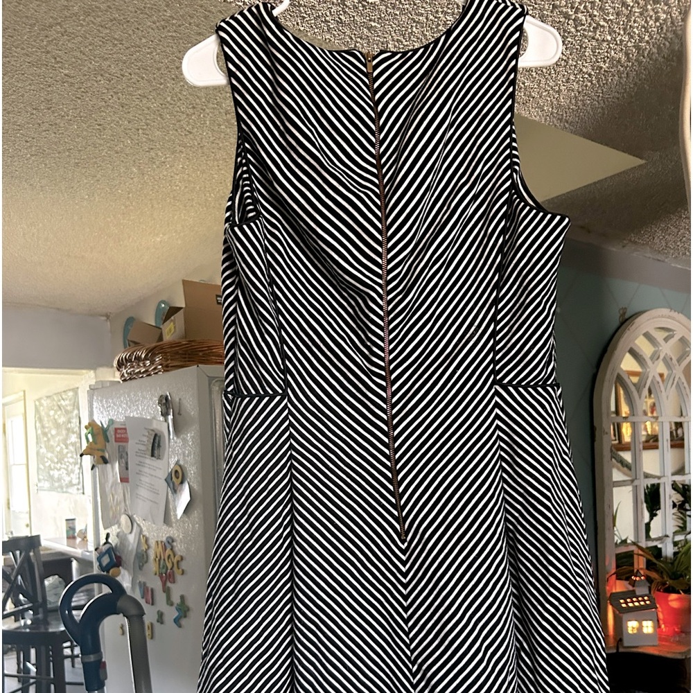 Black and white stripe (at inverted angle) Banana Republic size 14 dress.